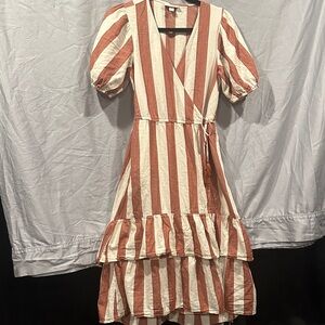 Knox Rose Rust and Cream Wrap Tie Striped Dress
